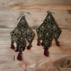 Black metal and red stone earrings